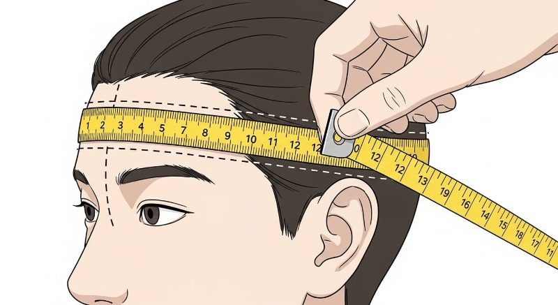 줄자를 이용해 이마부터 뒤통수까지 머리둘레를 정확하게 재는 방법을 보여주는 일러스트