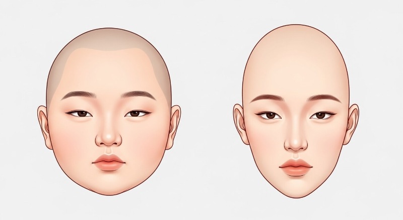 동양인의 단두형 두상과 서양인의 장두형 두상을 위에서 본 비교 인포그래픽