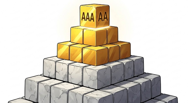 AAA부터 D등급까지 피라미드 형태로 쌓아 올린 신용등급 구조도, 투자 적격과 부적격을 구분하는 선