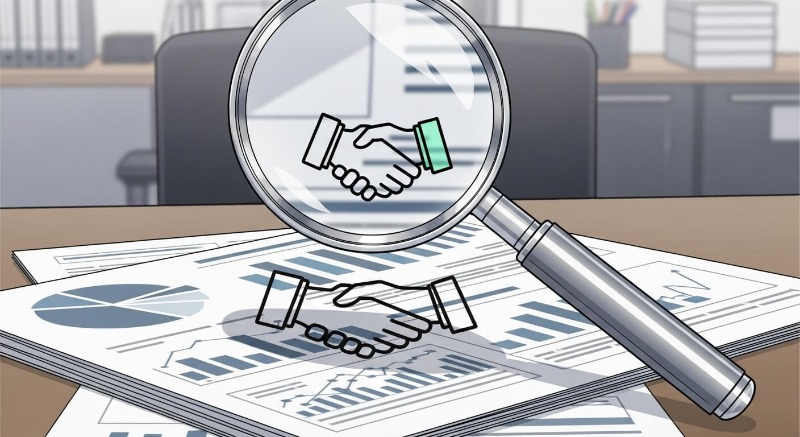 재무제표 서류와 돋보기, 그리고 CEO의 리더십을 상징하는 악수하는 손이 함께 있는 이미지