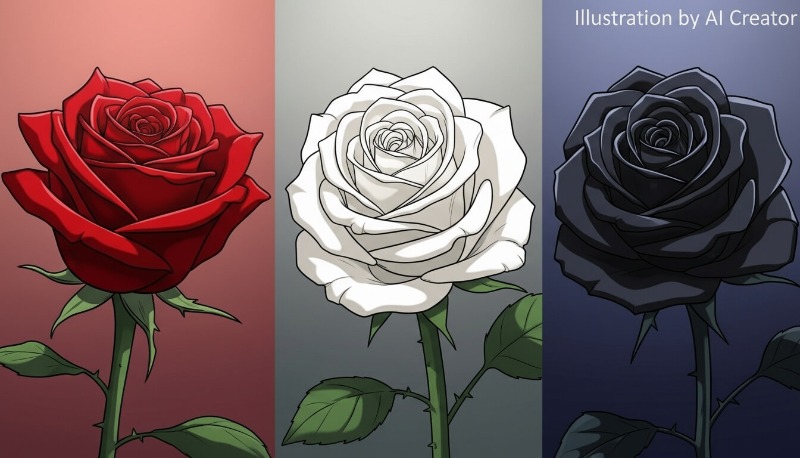 빨간 장미, 하얀 장미, 흑장미가 나란히 놓여 있는 이미지, 색깔 대비 강조