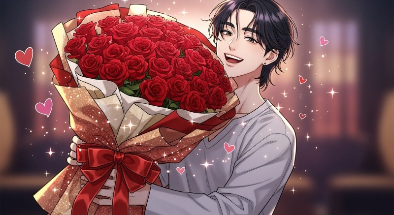 행복한 표정으로 커다란 장미 꽃다발을 선물 받고 기뻐하는 사람의 모습