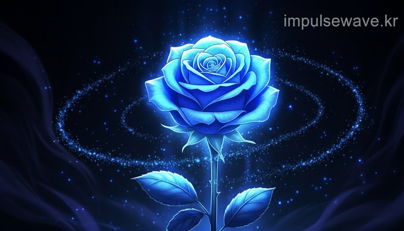 신비로운 빛을 내뿜는 파란색 장미 한 송이, 기적과 불가능의 실현 상징
