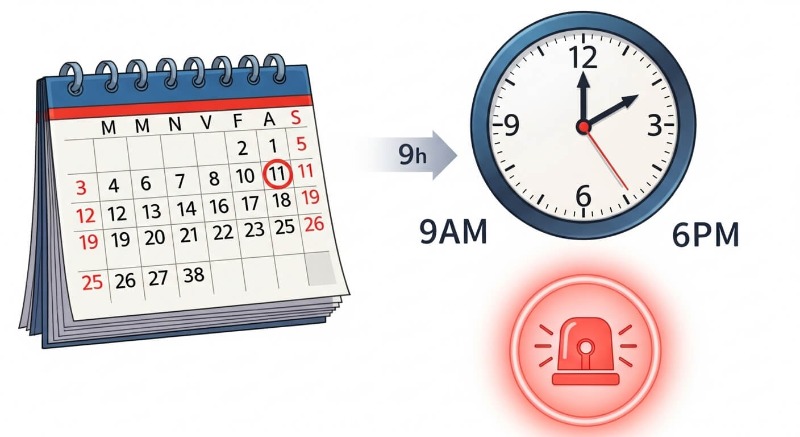 시계와 달력 아이콘을 통해 평일 9시부터 18시까지의 운영 시간을 시각적으로 표현한 이미지