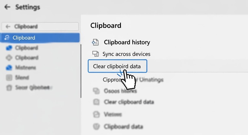 윈도우 설정 메뉴 중 시스템 클립보드 탭에서 데이터 지우기 버튼을 클릭하는 모습