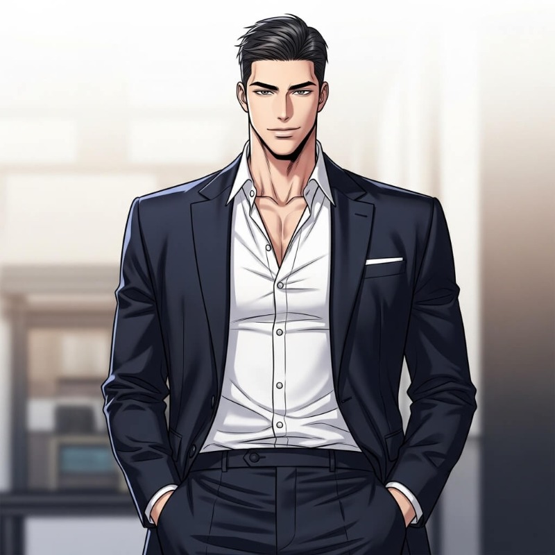 다크 네이비 수트를 입고 넥타이를 맨 남성과 세미 정장을 입은 남성의 깔끔한 모습