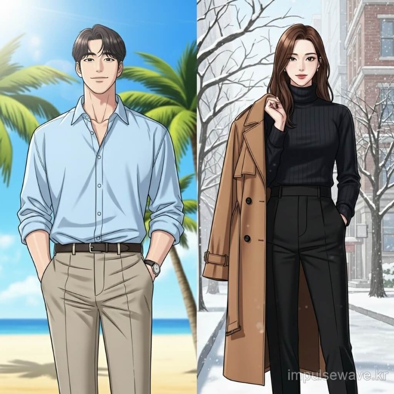 얇은 린넨 셔츠를 입은 여름 하객과 코트를 팔에 걸치고 있는 겨울 하객의 대비되는 모습