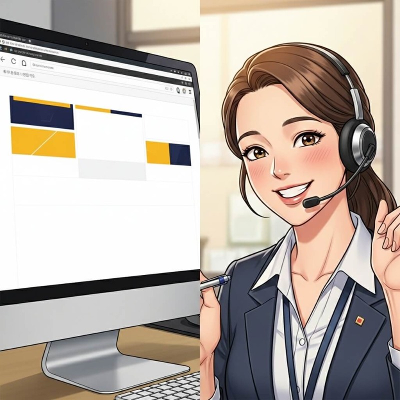 PC 모니터에 띄워진 KB국민카드 홈페이지 My KB 화면과 친절한 상담원 캐릭터