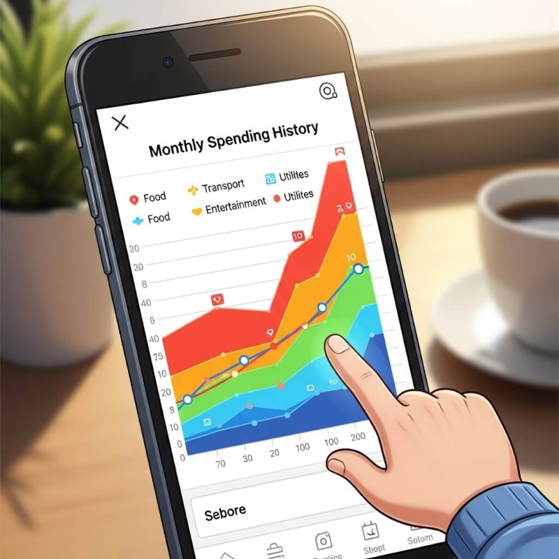 스마트폰 화면에 지난 12개월간의 카드 명세서가 그래프로 정리되어 있는 가계부 관리 모습