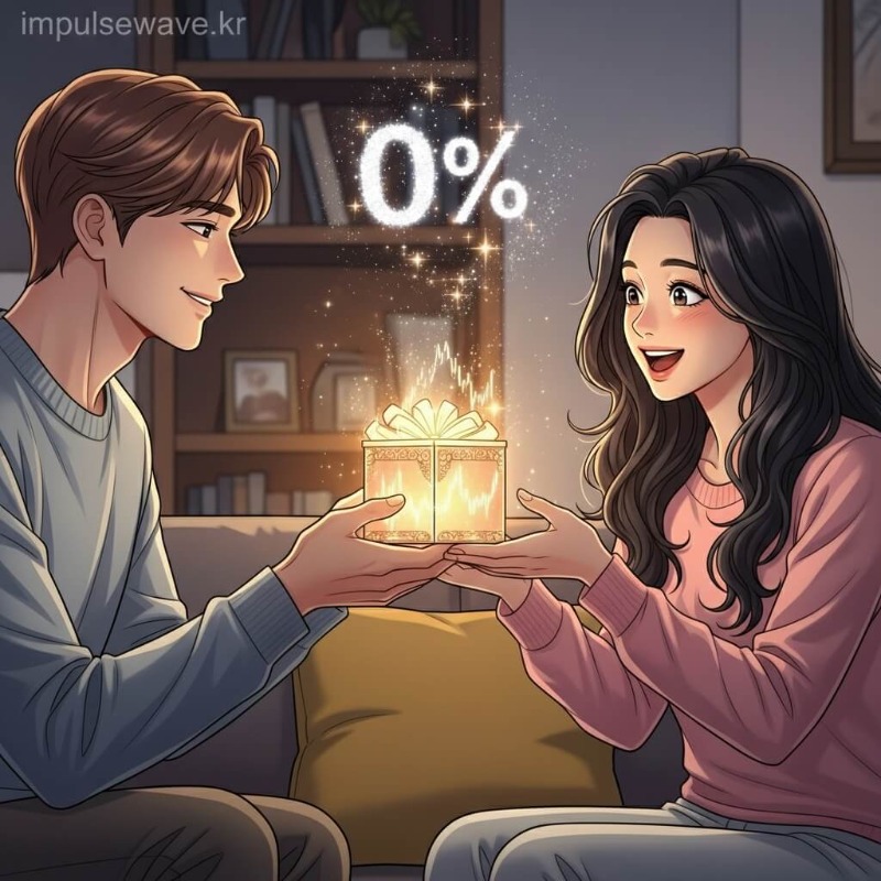 남편이 아내에게 주식 선물 상자를 건네주고, 아내가 그것을 받아 세금 0원이 되는 과정