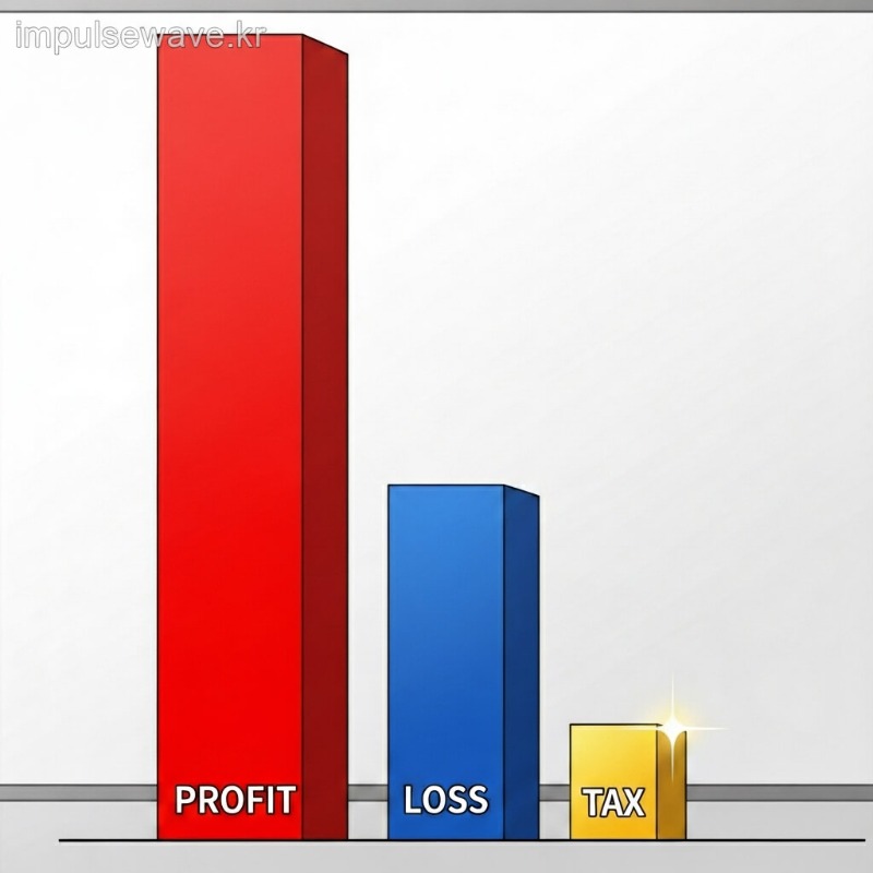 수익이 난 빨간색 그래프와 손실이 난 파란색 그래프가 합쳐져 세금 막대가 줄어드는 모습