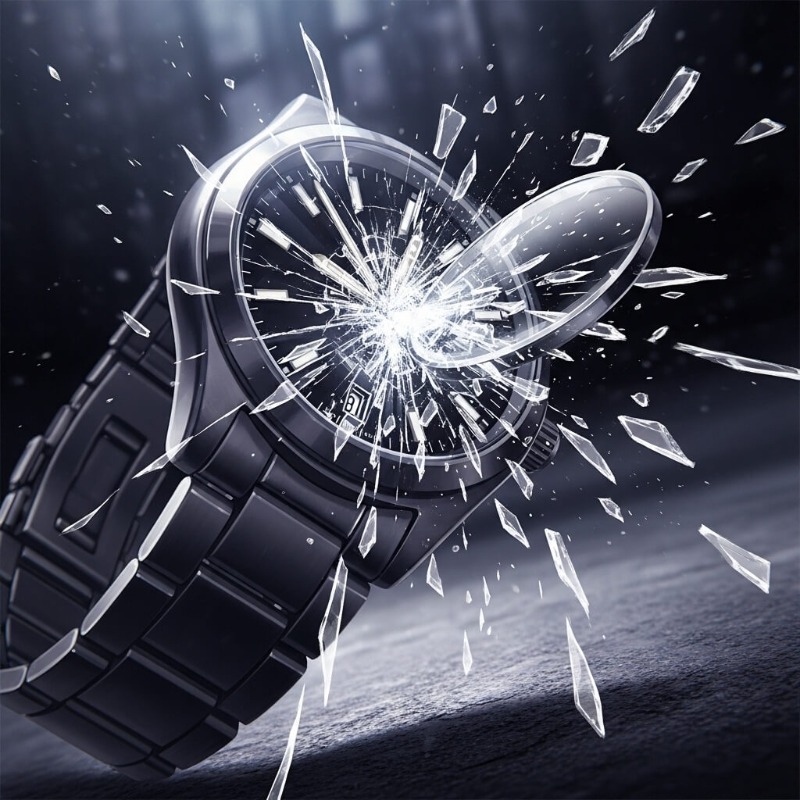 손목시계의 유리가 깨져 금이 가거나 시계 줄이 끊어져 바닥에 떨어진 모습