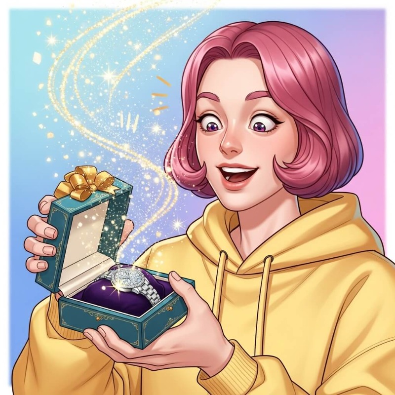 선물 상자를 열었더니 반짝이는 명품 시계가 들어있어 기뻐하는 사람의 모습