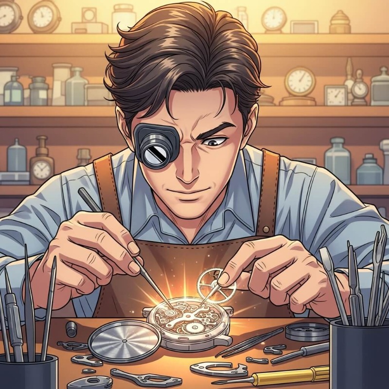 시계 수리공이 정밀하게 고장 난 시계 태엽을 고치고 다시 작동하게 만드는 장면