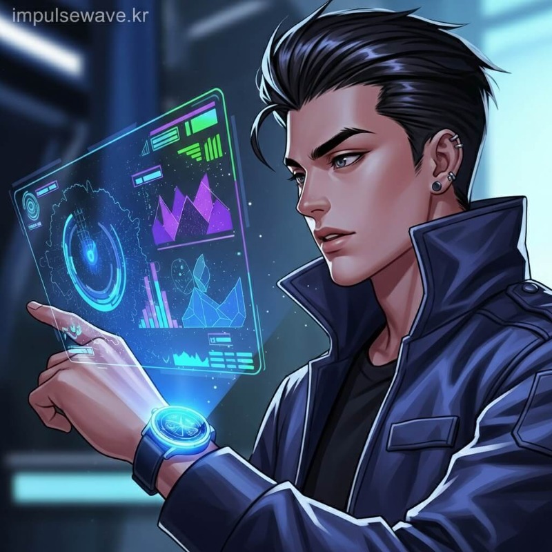 최신형 스마트워치 화면에 알림 메시지가 뜨고 미래지향적인 분위기의 이미지