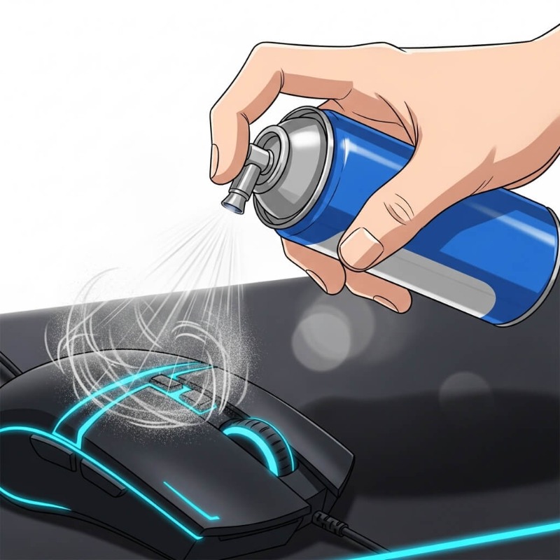 마우스 휠 틈새에 먼지 제거제 에어 스프레이를 분사하여 청소하는 클로즈업 사진