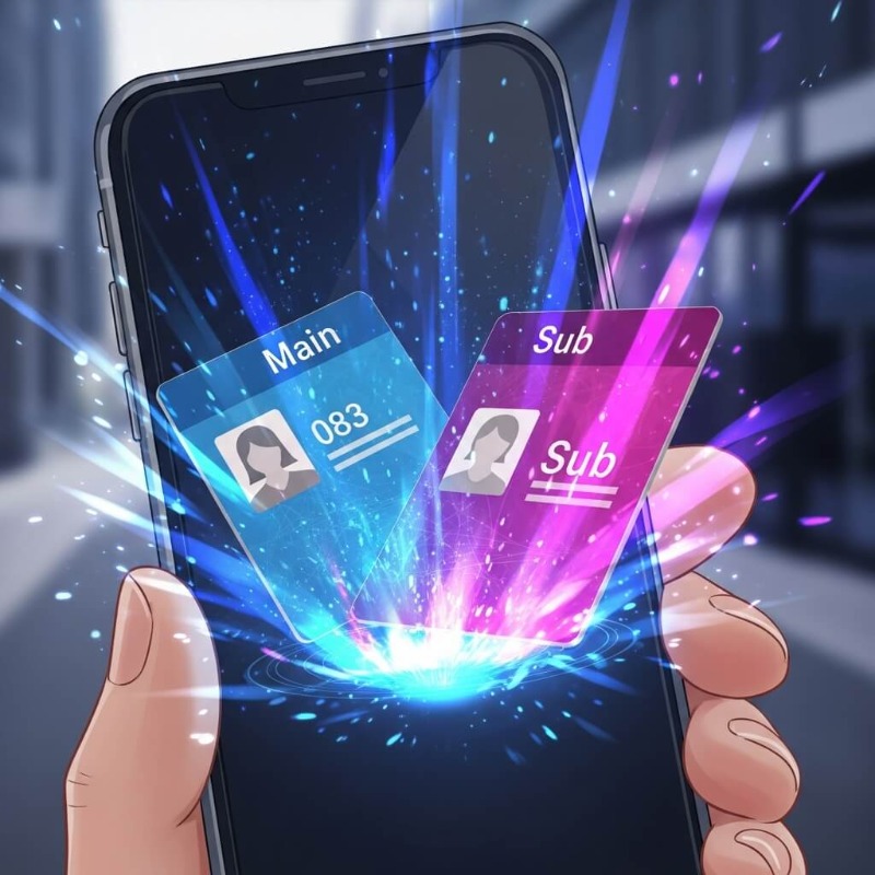 하나의 스마트폰에서 두 개의 전화번호(메인 번호, 투넘버)가 활성화된 모습과 통신 3사 로고
