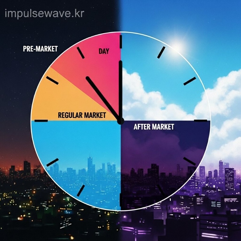24시간 시계 다이어그램에 프리마켓, 정규장, 애프터마켓 시간이 색깔별로 구분된 인포그래픽