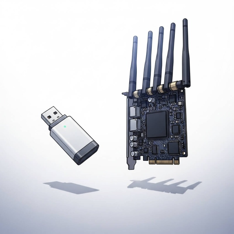 USB형 무선 랜카드와 컴퓨터 내부에 장착하는 PCIe형 무선 랜카드의 모습 비교 이미지