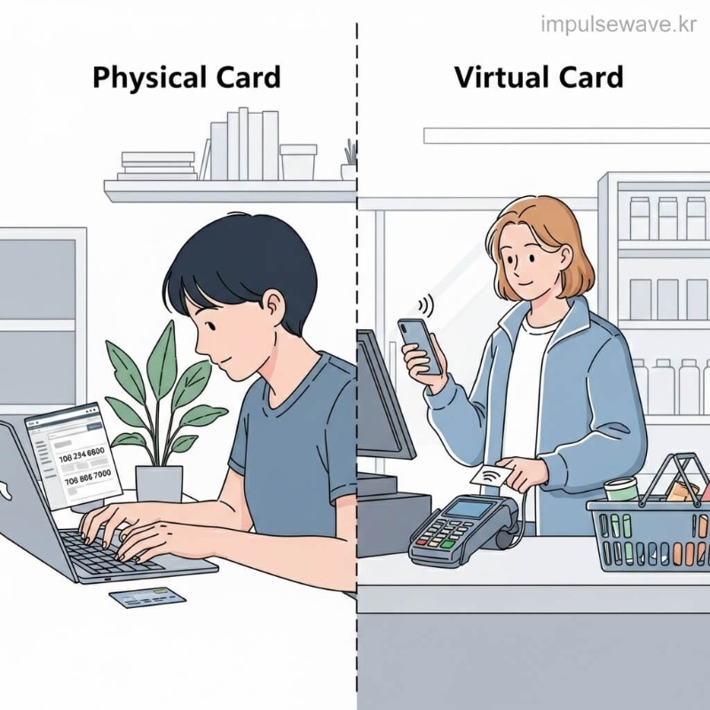 온라인 쇼핑몰 결제창에는 실물 카드 번호가 필요하고, 오프라인 매장 포스기에는 가상 번호가 쓰이는 것을 비교한 이미지