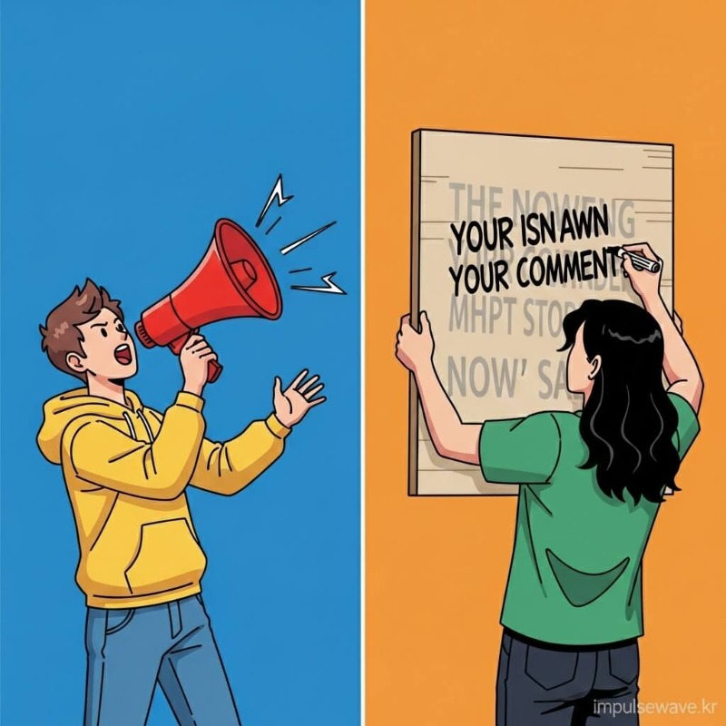 확성기를 들고 원본을 그대로 전파하는 사람(재게시)과 말풍선에 자기 의견을 적는 사람(인용) 비교