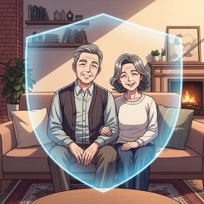 활짝 웃는 노부부와 그들을 감싸는 건강보험의 파란색 보호막 일러스트