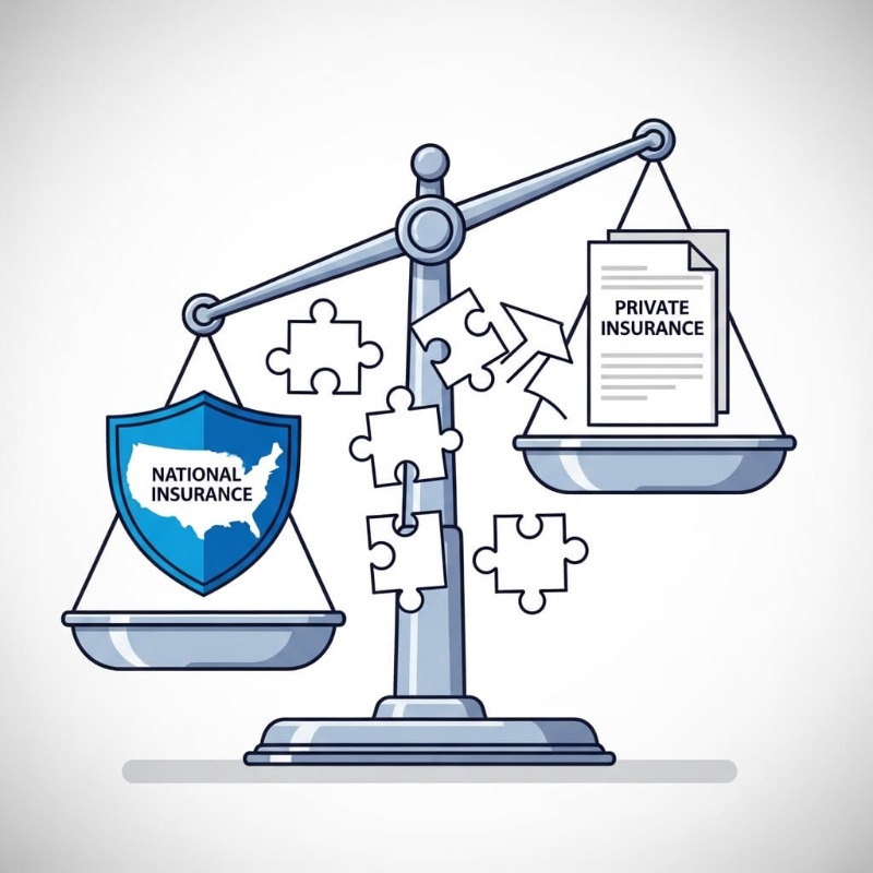 보험 약관 서류와 공단 환급금 통장, 저울 위에서 균형을 맞추는 모습