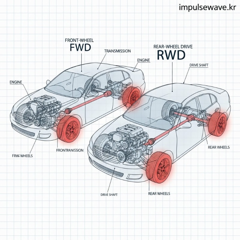 자동차 섀시 투시도, 전륜구동(엔진 앞, 앞바퀴 구동)과 후륜구동(엔진 앞, 뒷바퀴 구동)의 부품 배치 차이