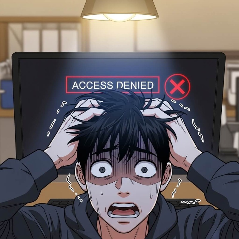 비밀번호 입력창에 잘못된 암호를 입력하여 붉은색 경고등이 켜진 모습과 당황하는 사용자 캐릭터