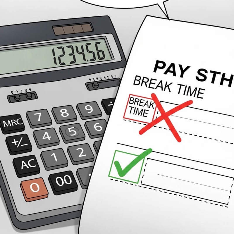 월급 명세서에 휴게시간은 0원, 근무 시간은 급여가 계산되는 계산기 화면 이미지