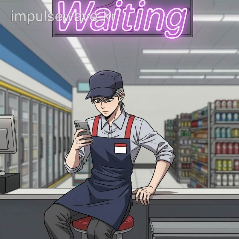 손님이 없는 편의점 카운터에 앉아 있지만 유니폼을 입고 휴대폰을 보며 대기하는 알바생, 유급 대기시간 표현