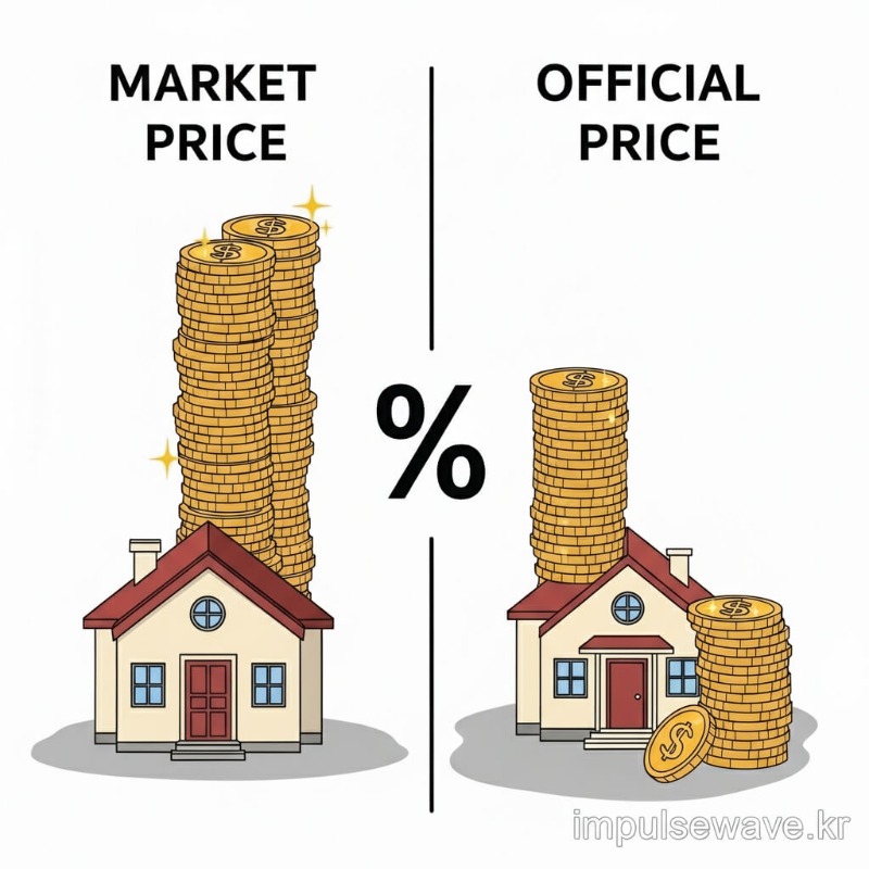 공시지가와 실거래가의 차이를 설명하는 인포그래픽, 현실화율 그래프가 상승하는 모습