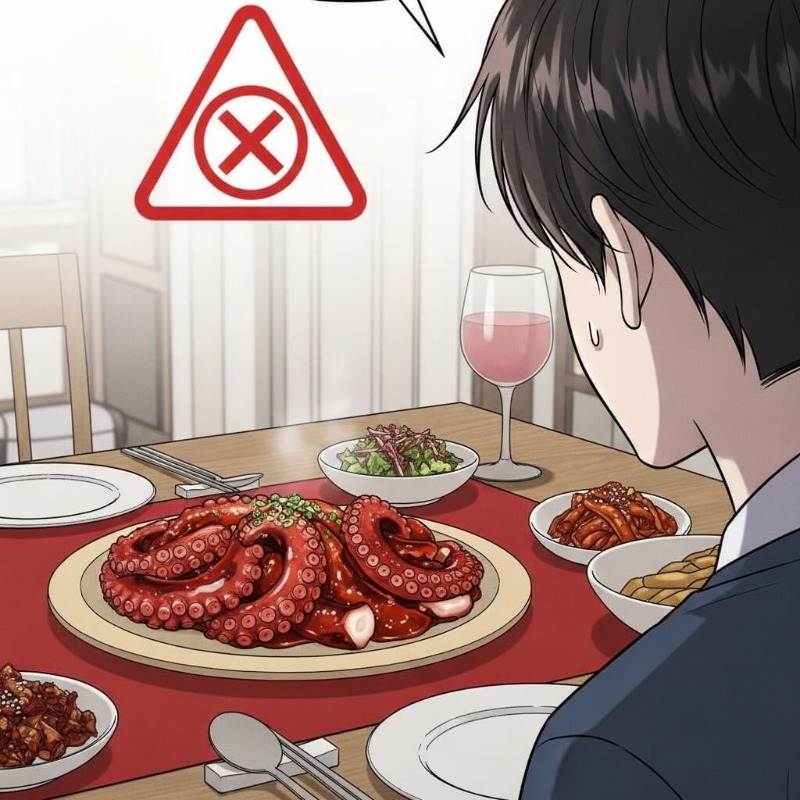 식탁 위에 차려진 문어 요리를 보며 고민하는 표정의 사람, 붉은색 경고 아이콘이 떠있는 모습