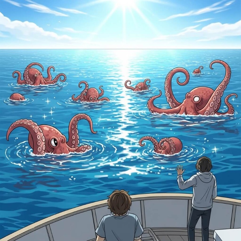 푸른 바다 위에서 즐겁게 춤추는 문어들과 이를 바라보며 감탄하는 사람의 뒷모습