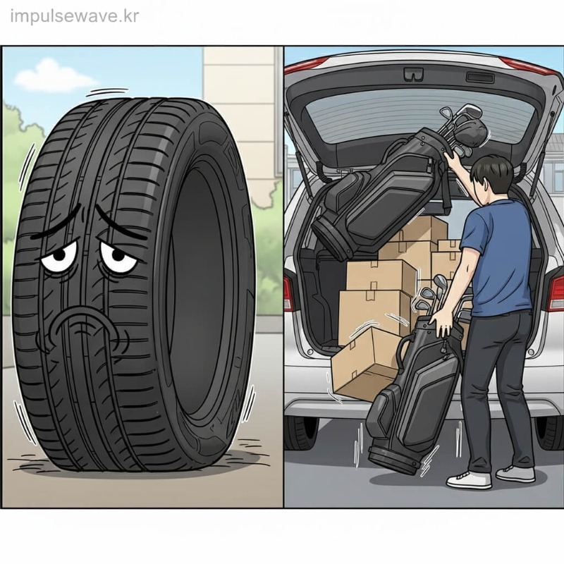 타이어 공기압을 체크하는 모습과 트렁크에서 무거운 짐을 꺼내는 장면을 비교한 인포그래픽
