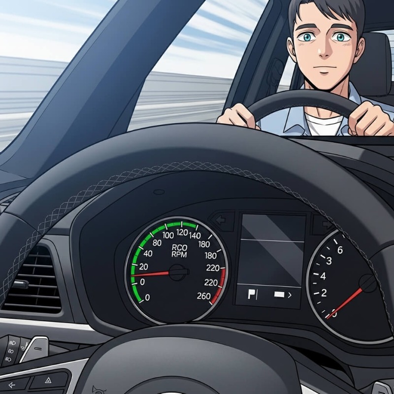 자동차 계기판의 RPM 게이지가 2000~2500 구간을 가리키고 크루즈 컨트롤 버튼이 활성화된 모습