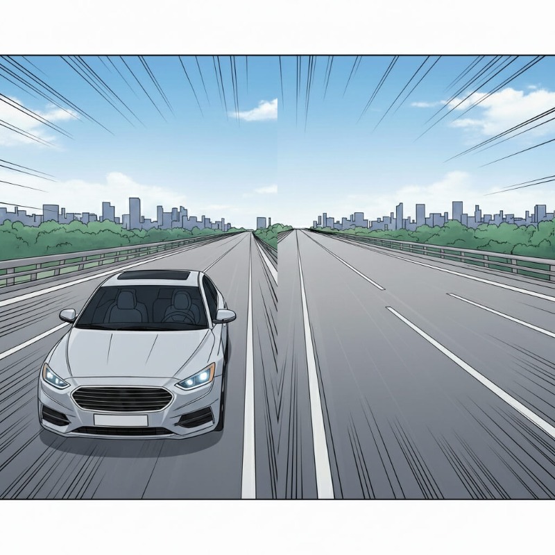 고속도로를 달리는 자동차의 창문이 닫혀 있고 에어컨 바람이 나오는 시각화 이미지