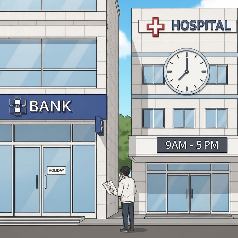 닫혀있는 은행 셔터와 관공서 문, 그리고 병원비 영수증에 