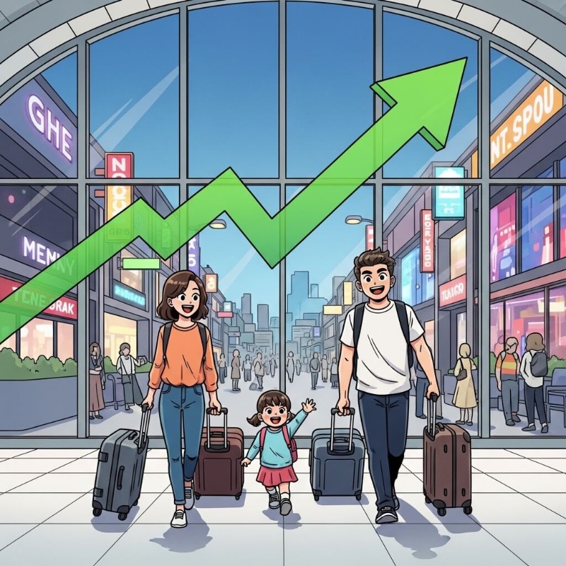 여행 가방을 든 가족들과 활기찬 쇼핑몰 풍경, 그리고 상승하는 경제 그래프가 오버랩된 이미지