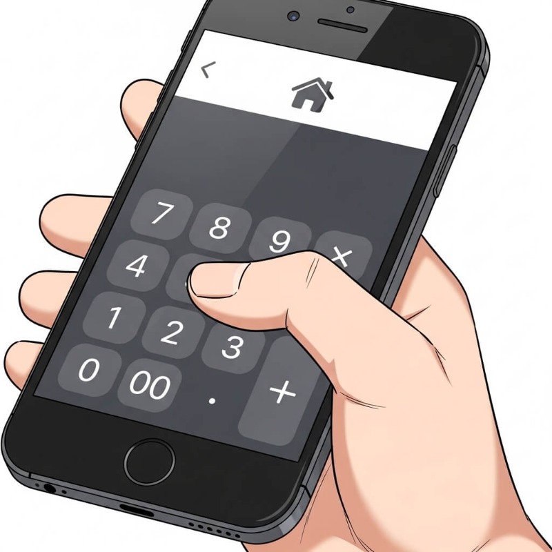 스마트폰 화면에 한국주택금융공사 앱의 대출 계산기가 실행되어 있고 숫자를 입력하는 손가락