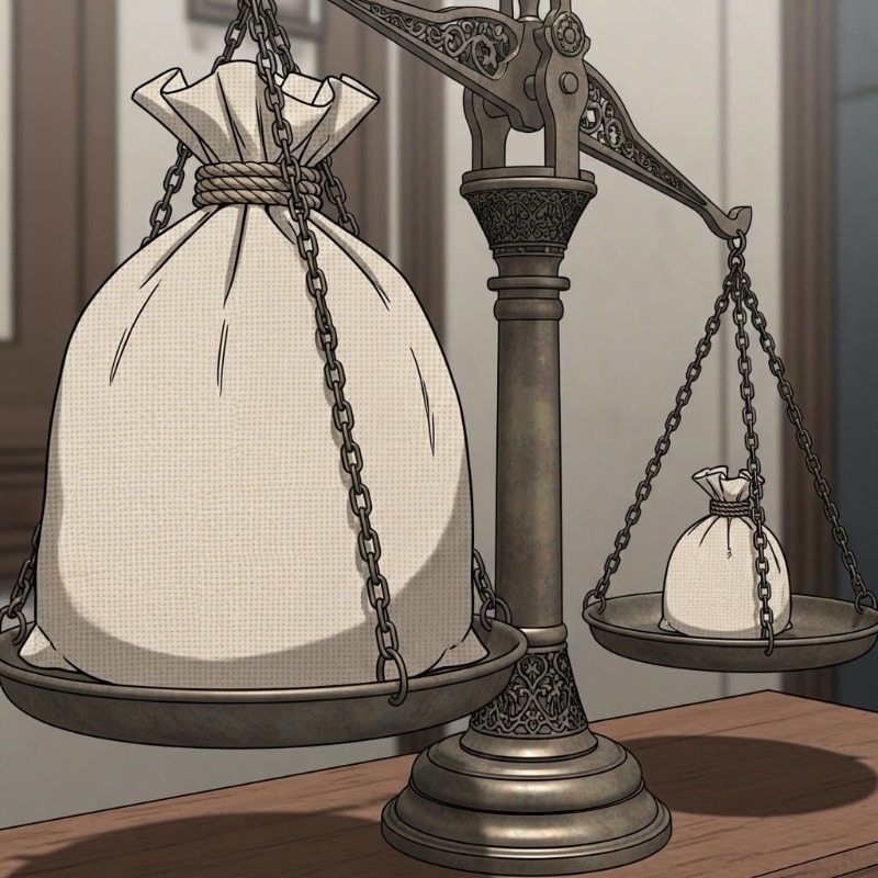 현재의 100만 원 지폐와 30년 뒤 작아진 100만 원 지폐를 저울에 올려 가치 하락을 보여주는 이미지