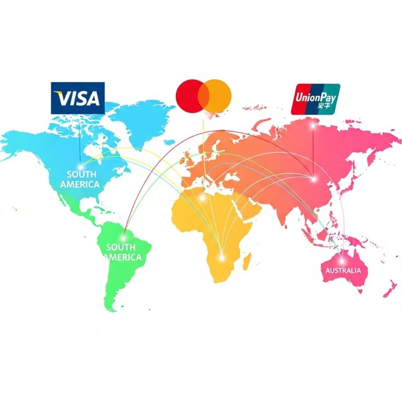 VISA, Mastercard, American Express, UnionPay, JCB 로고가 세계 지도 위에 각각의 강세 지역에 표시된 인포그래픽