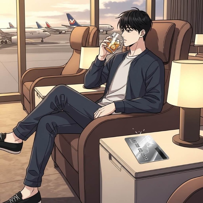 고급스러운 공항 라운지에서 여행객이 편안하게 휴식을 취하고 있고, 테이블 위에 프리미엄 신용카드가 놓여 있는 모습