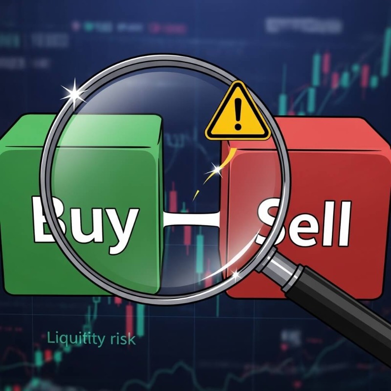 텅 비어있는 호가창과 넓게 벌어진 매수/매도 가격 차이(스프레드)를 보여주는 트레이딩 화면