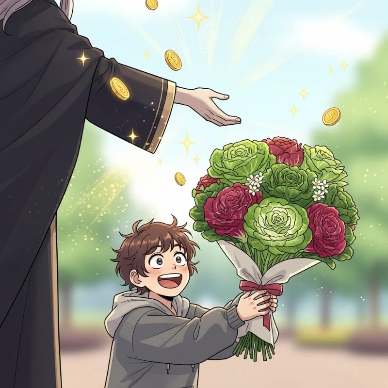 누군가로부터 싱싱한 상추 다발을 선물 받아 기뻐하는 모습, 선물 상자 아이콘과 오버랩