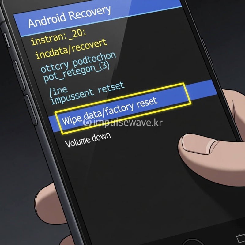 검은색 배경에 영문 텍스트가 나열된 안드로이드 리커버리 모드 화면, 