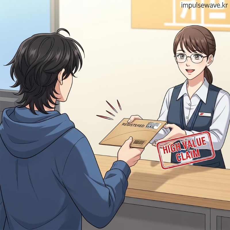 우체국 등기 우편 봉투와 롯데손해보험 지점 카운터에서 상담하는 고객의 모습