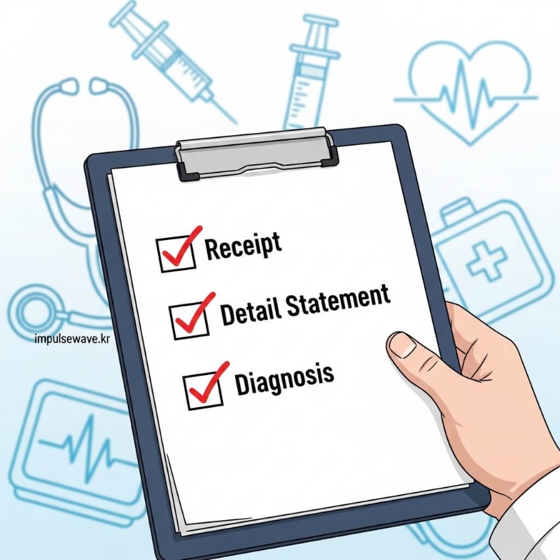 진료비 계산서, 진료비 세부 내역서, 질병 코드가 적힌 처방전이 나열된 체크리스트 이미지
