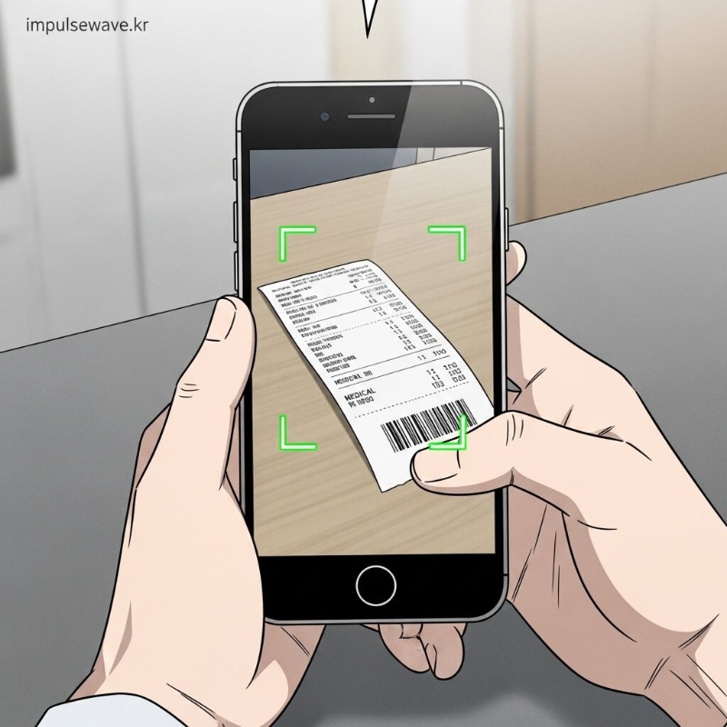 스마트폰으로 진료비 영수증을 카메라로 촬영하여 업로드하는 화면 클로즈업