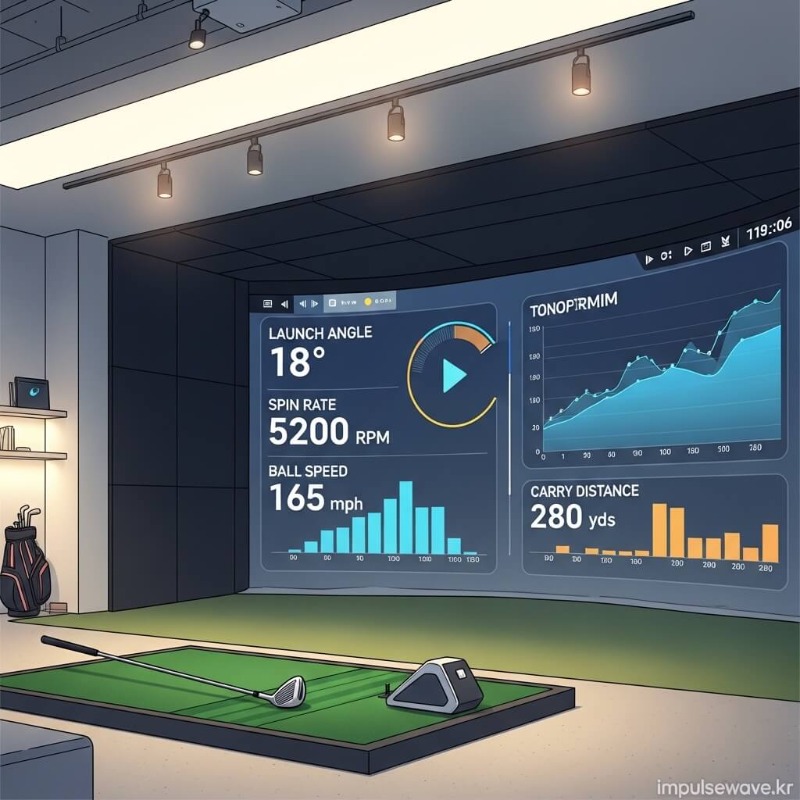 골프 스윙 분석기 트랙맨 화면에 발사각, 스핀양, 비거리 등 숫자가 표시된 데이터 모니터 화면